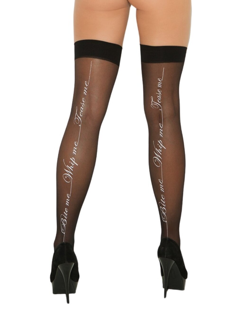 Black Thigh High Stockings Back Seam Style Print Bite Me Whip Me Tease Me